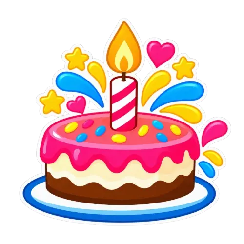 Birthday cake with pink frosting, a lit candle, hearts, and stars
