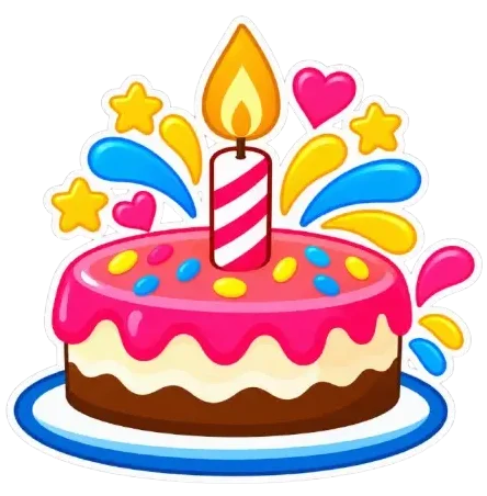 Birthday cake with pink frosting, a lit candle, hearts, and stars