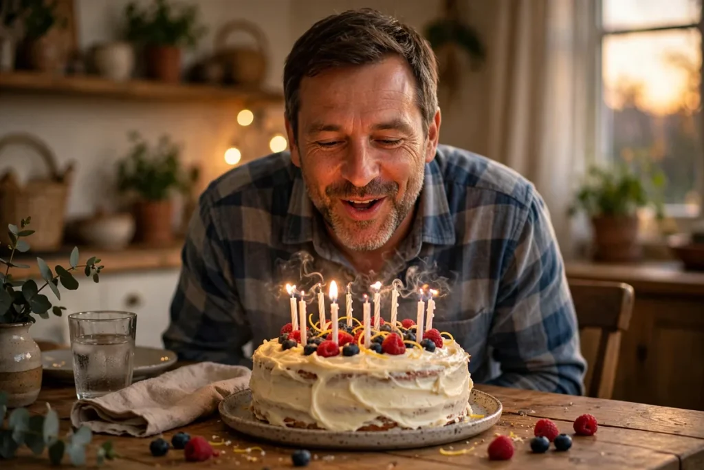 Husband smiling as he blows out candles on a homemade birthday cake