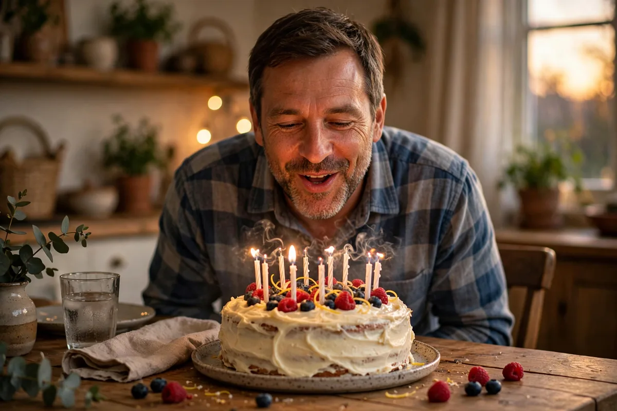 Husband smiling as he blows out candles on a homemade birthday cake