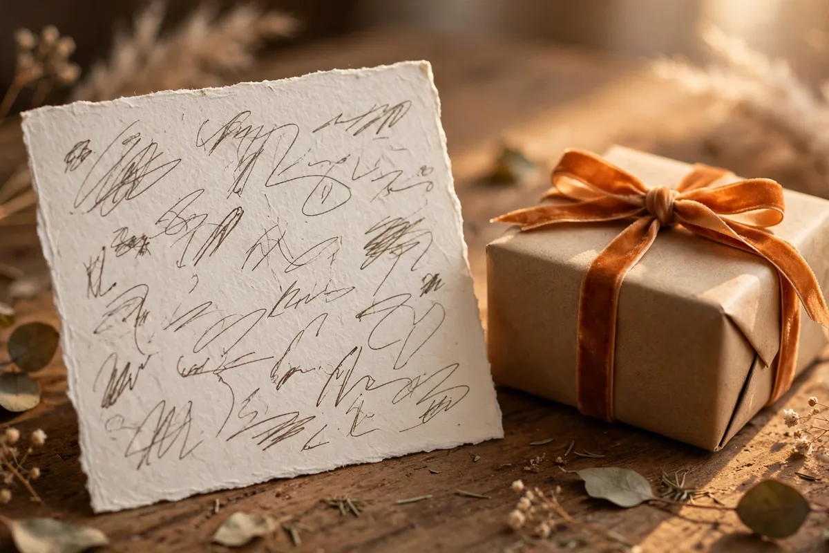 Handwritten birthday wishes for husband card beside a wrapped gift box