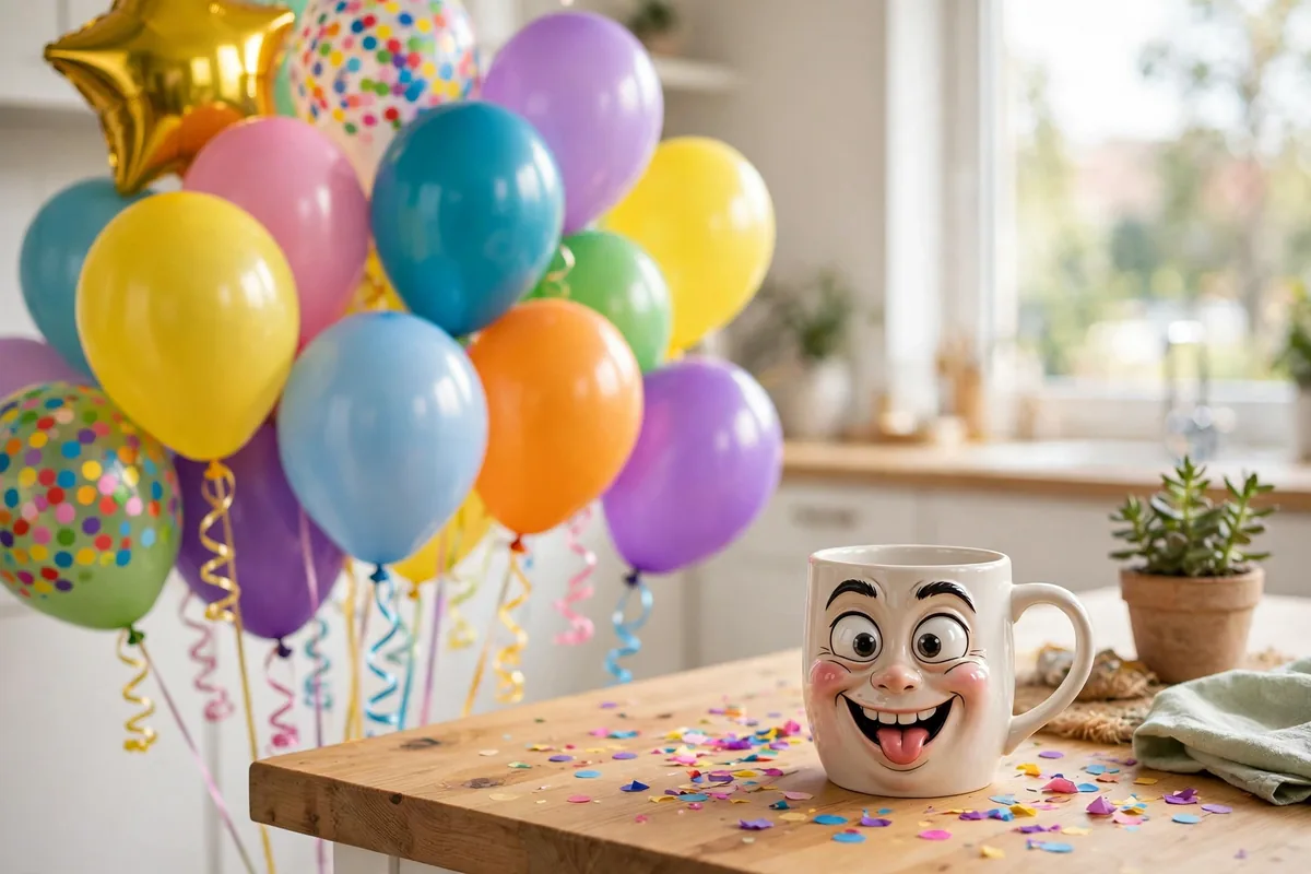 Balloons and a funny birthday mug on a kitchen table