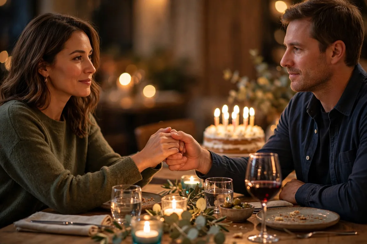 Wife holding her husband's hand across a birthday dinner table