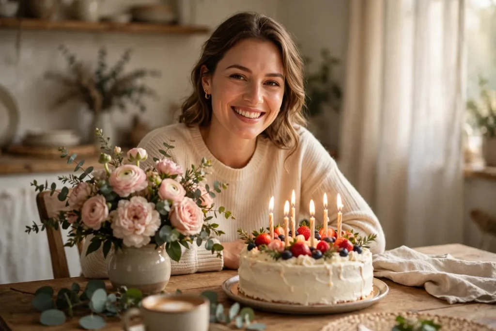 Wife smiling at birthday flowers and a cake with lit candles