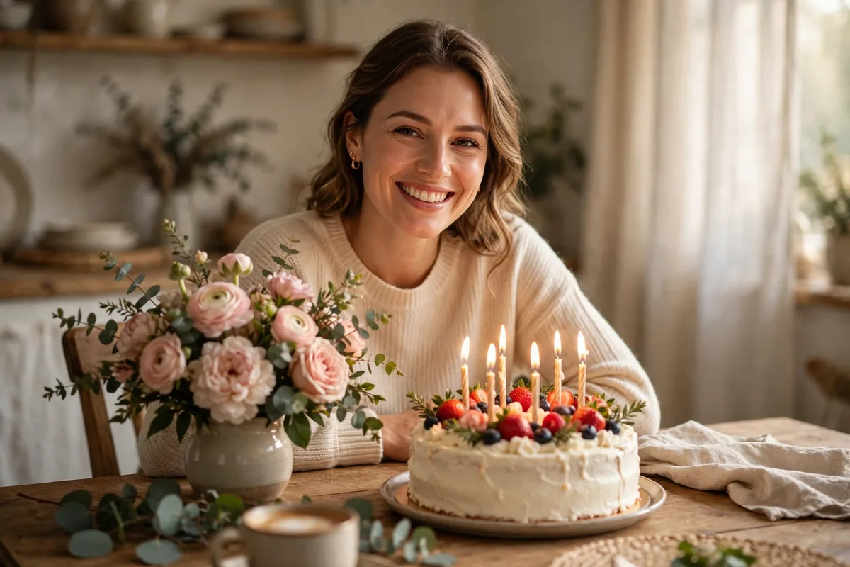Wife smiling at birthday flowers and a cake with lit candles