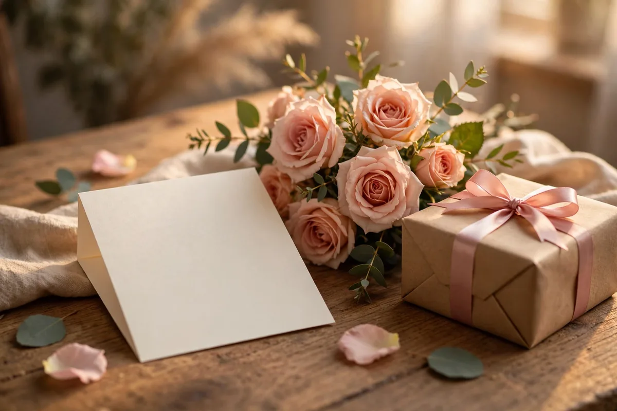Birthday wishes for wife card with roses beside a gift box