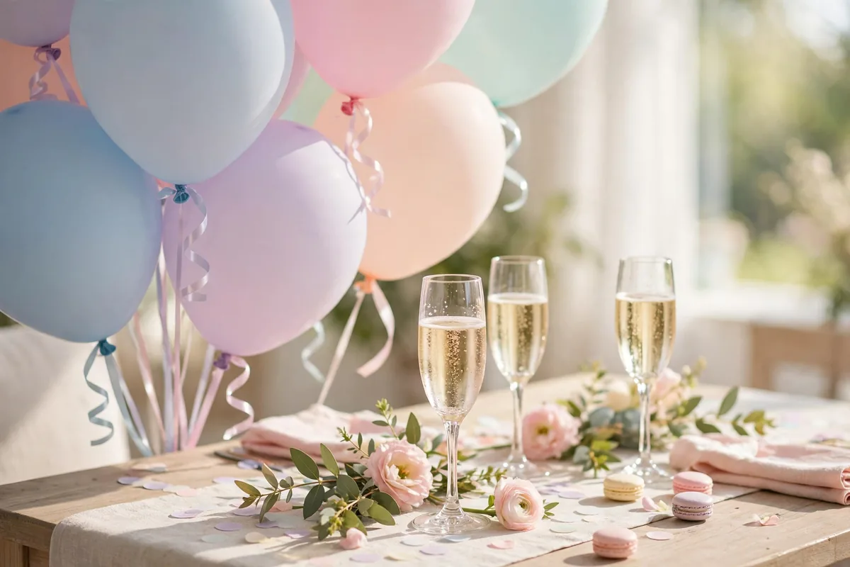 Balloons and champagne glasses on a birthday celebration table