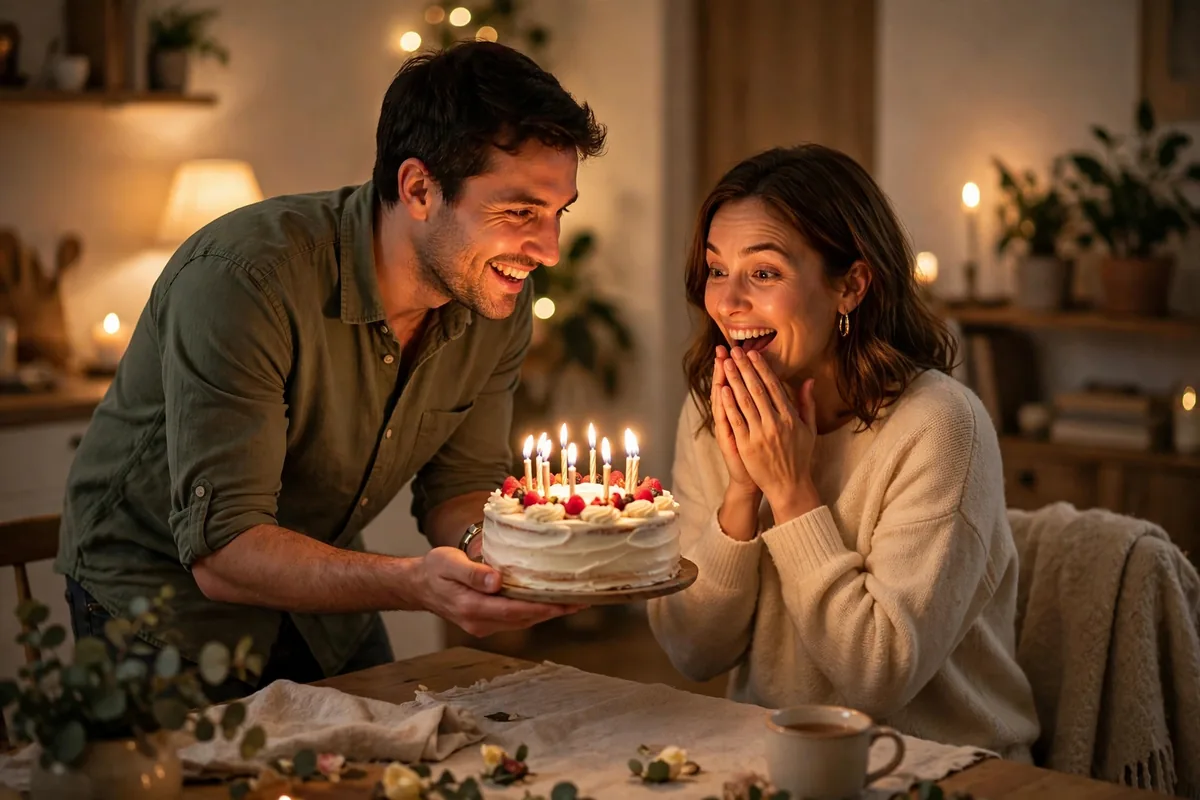 Husband surprising his wife with a birthday cake at home