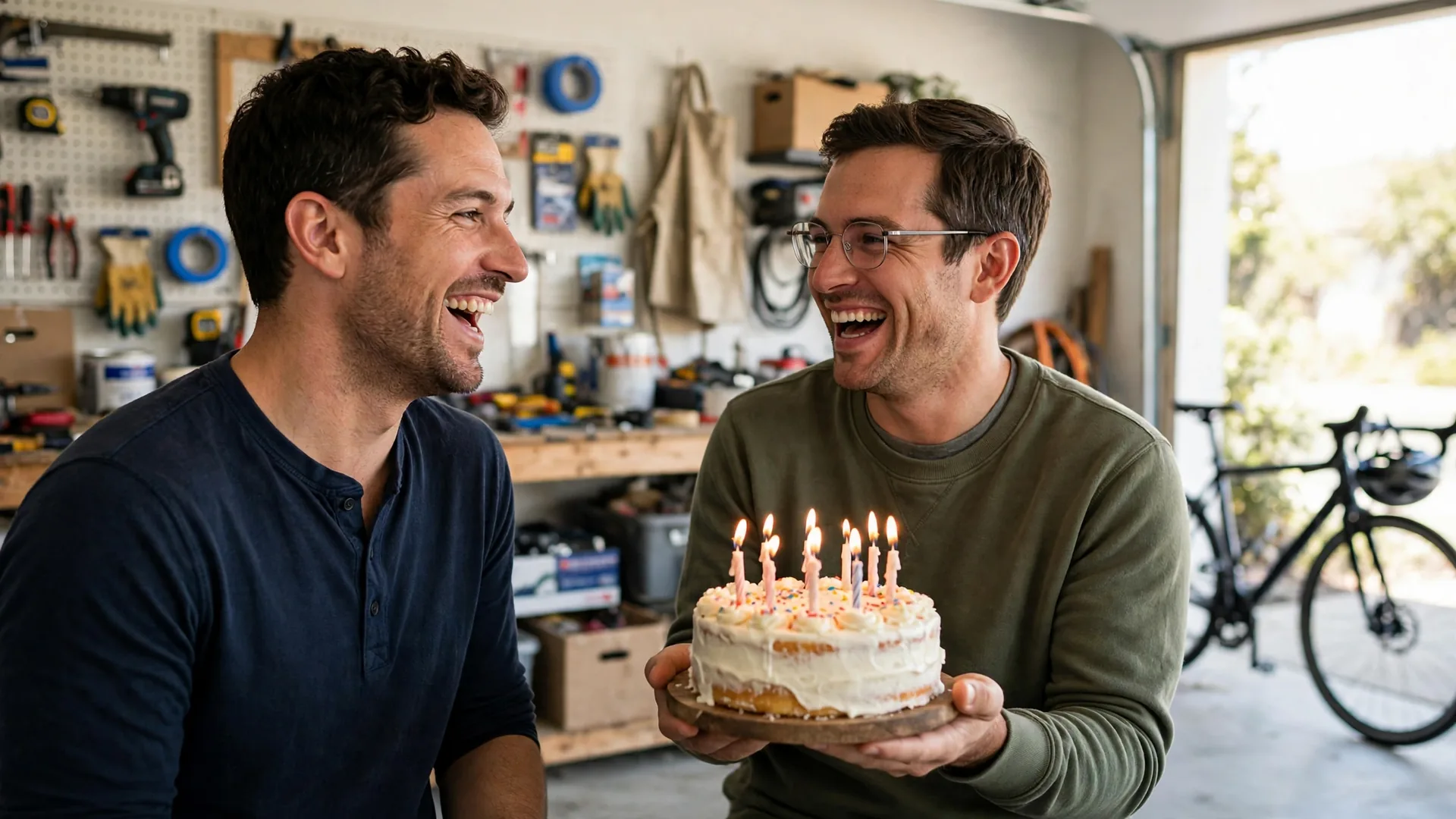 Two brothers laughing in a home garage, one holding a birthday cake with lit candles