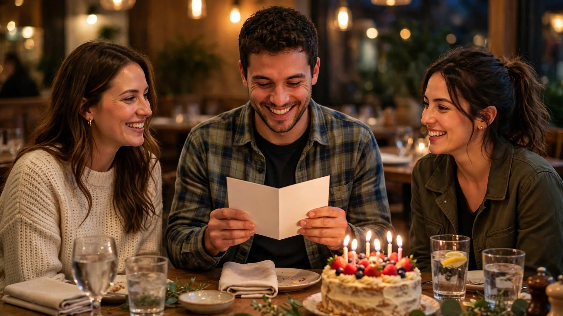 Man reading birthday wishes for brother in a greeting card at a warmly lit restaurant table with siblings