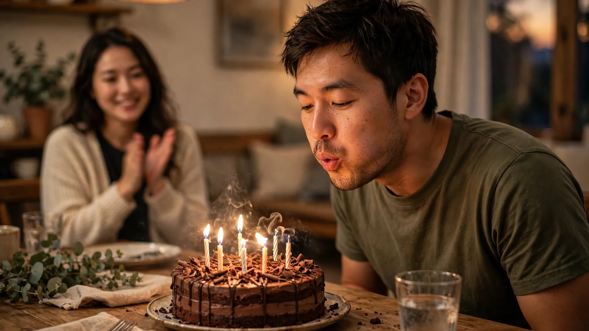 Adult man blowing out candles on a chocolate birthday cake while his sister claps at a dining table