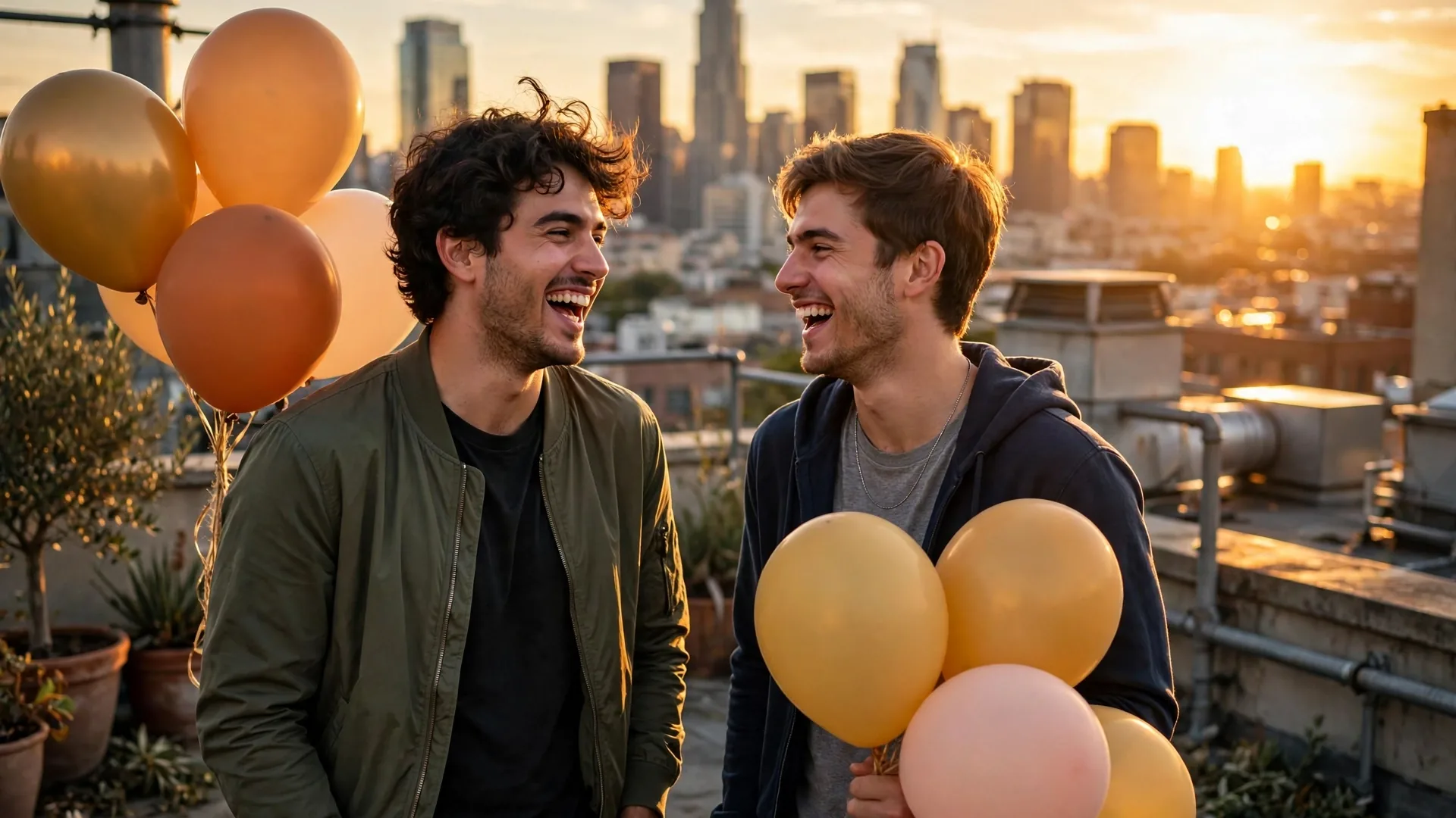 Two brothers laughing on a city rooftop at sunset holding golden birthday balloons