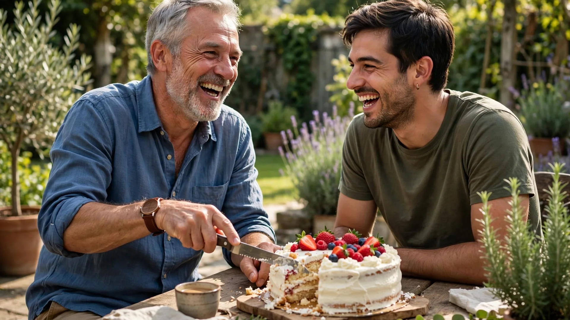 Father cutting a birthday cake in a sunny garden while his adult son laughs beside him
