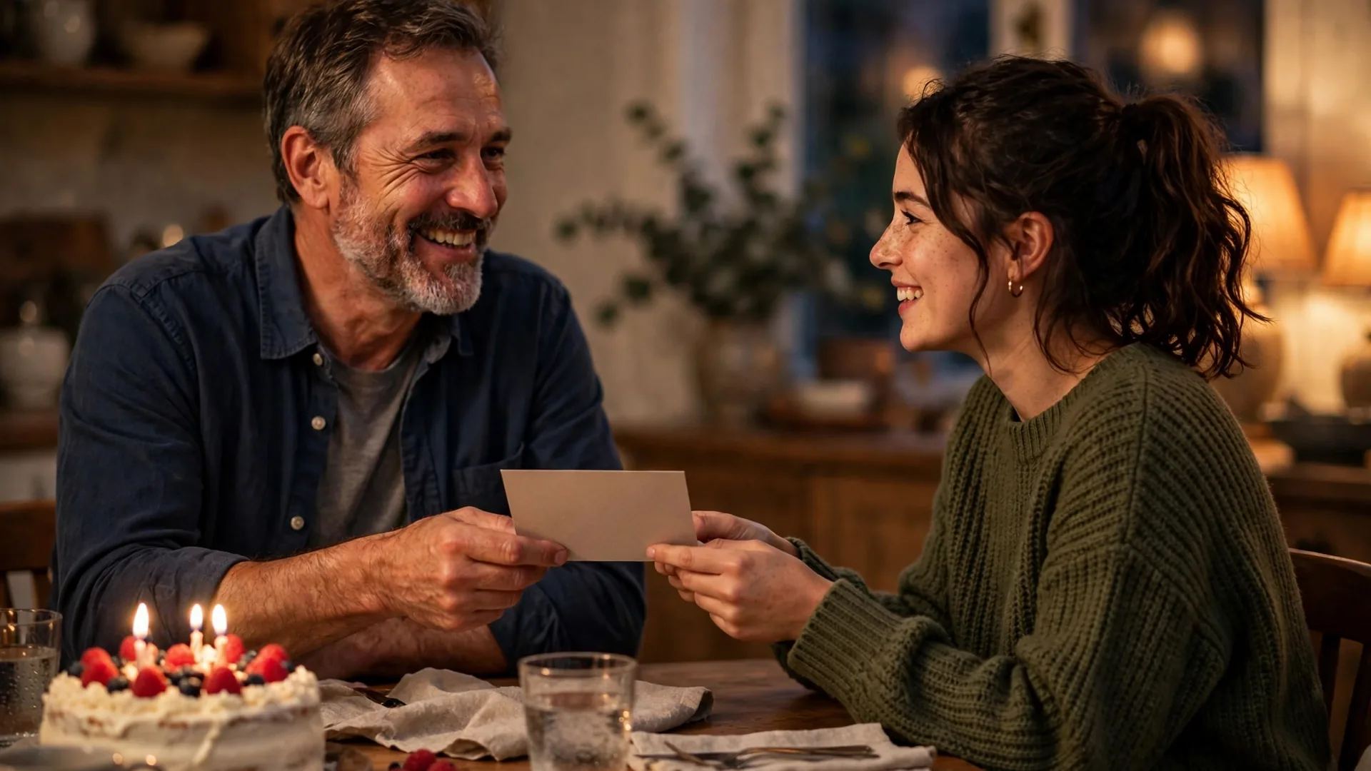 Daughter sharing birthday wishes for father inside a card with her dad at a warm dining table