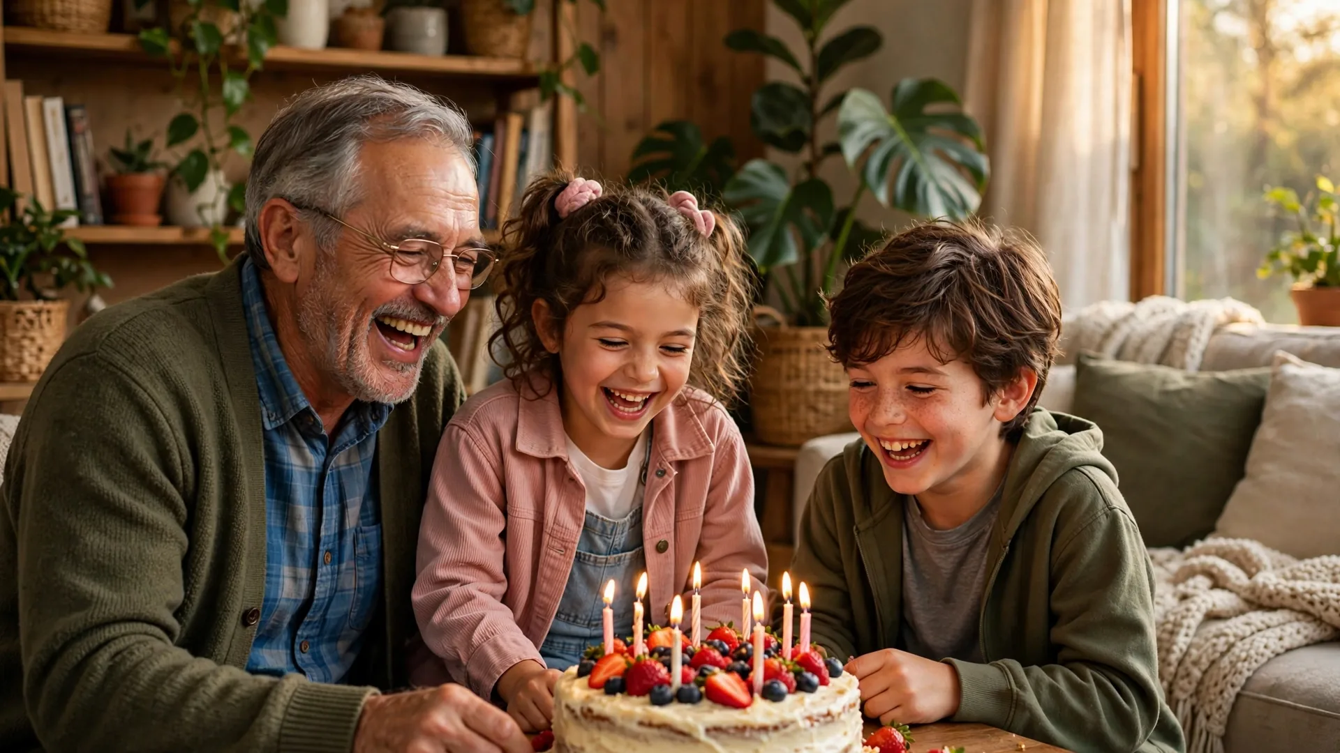 Grandfather laughing with his grandchildren around a birthday cake in a cozy living room