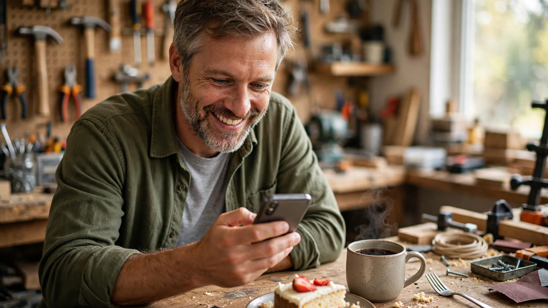 Smiling father reading a birthday message on his phone in a home workshop with cake and coffee