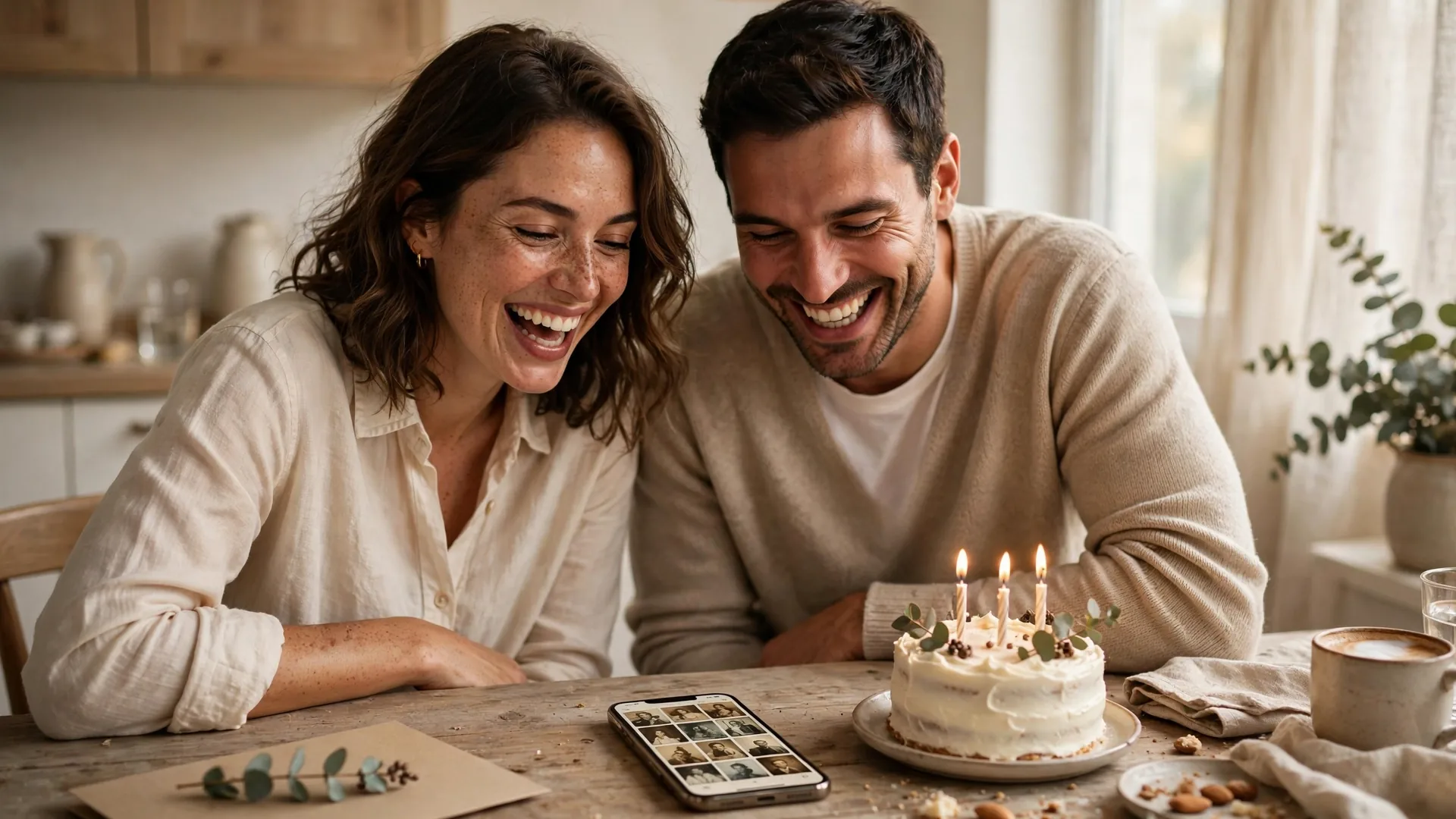 Two friends laughing at a kitchen table while looking at old photos on a phone beside a small birthday cake