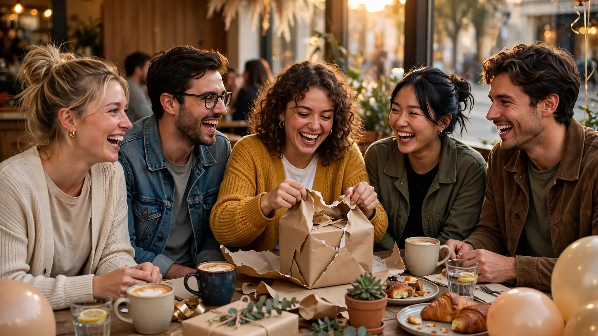 Friends laughing together while sharing birthday wishes for friend and opening gifts at a cafe table