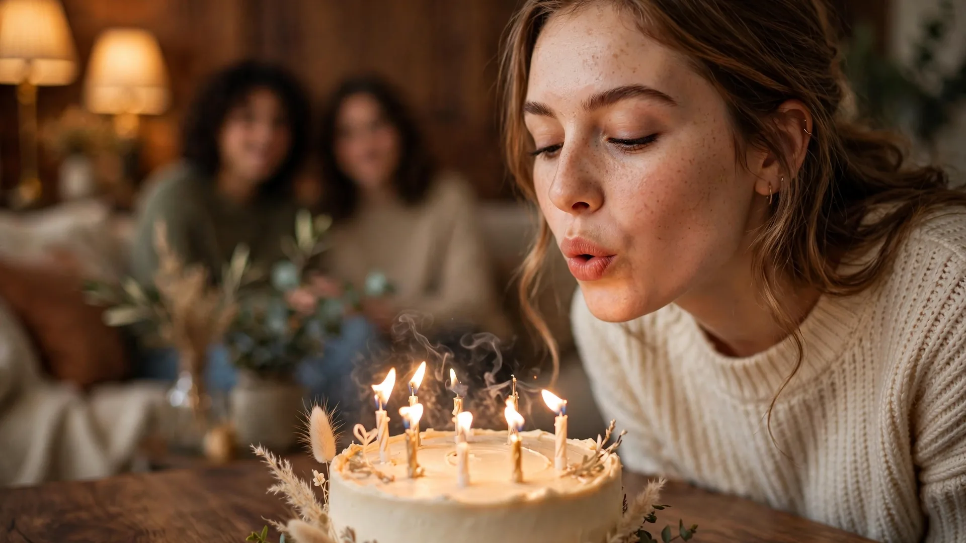 Young woman blowing out candles on a birthday cake in a warmly lit living room while friends watch