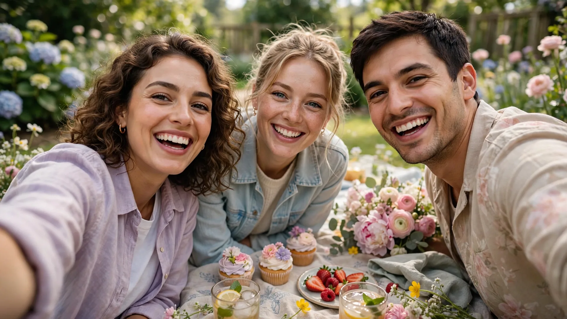 Three friends taking a selfie at a garden picnic with cupcakes, strawberries and fresh flowers