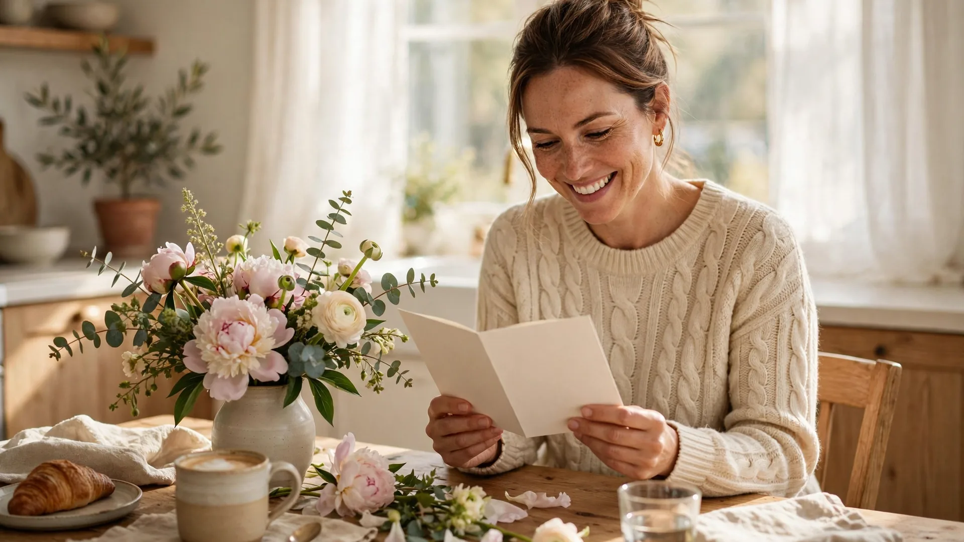 Mother smiling while reading a birthday card at a kitchen table with fresh flowers and coffee