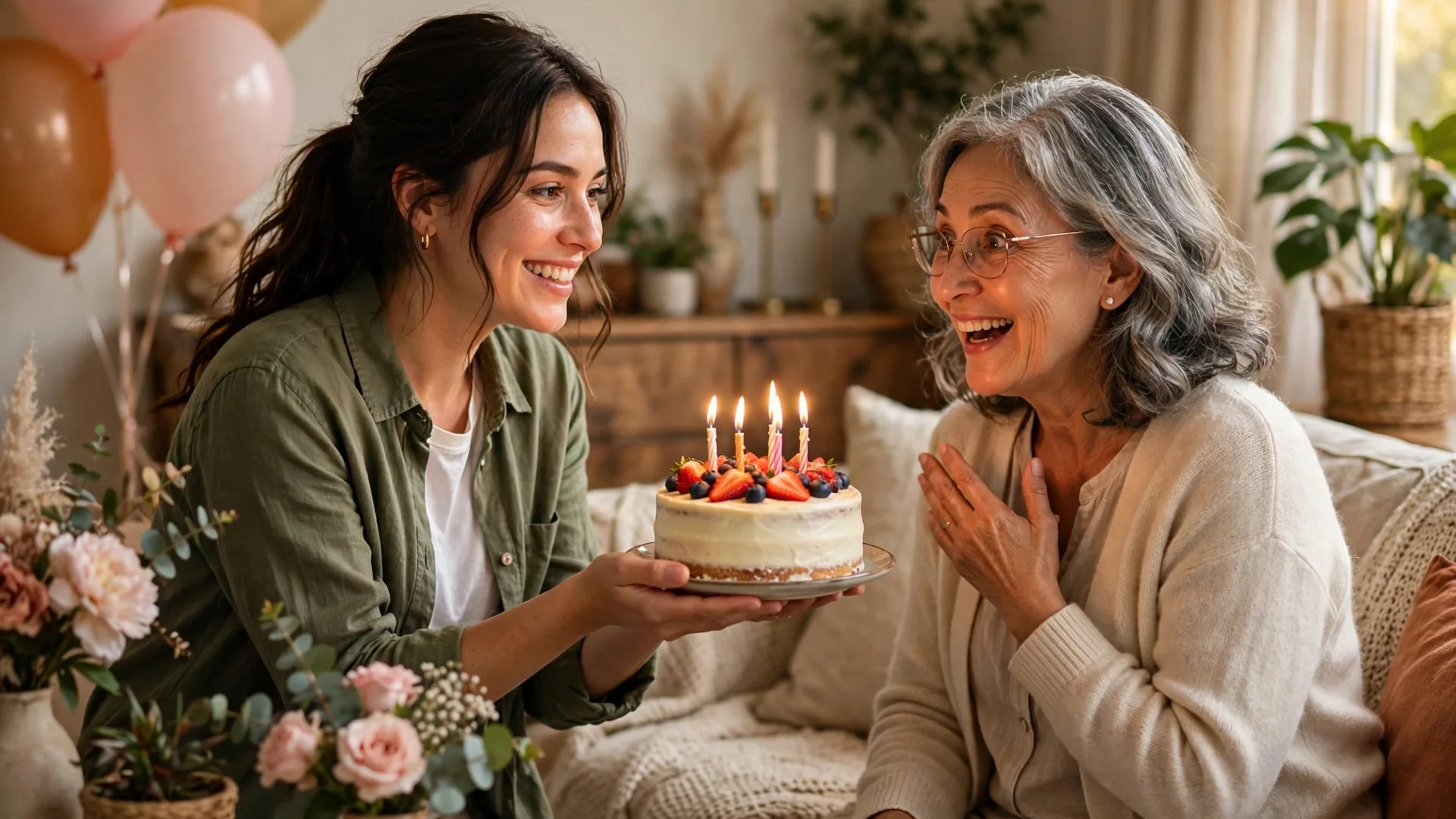 Daughter presenting a cake while sharing birthday wishes for mother in a cozy living room celebration