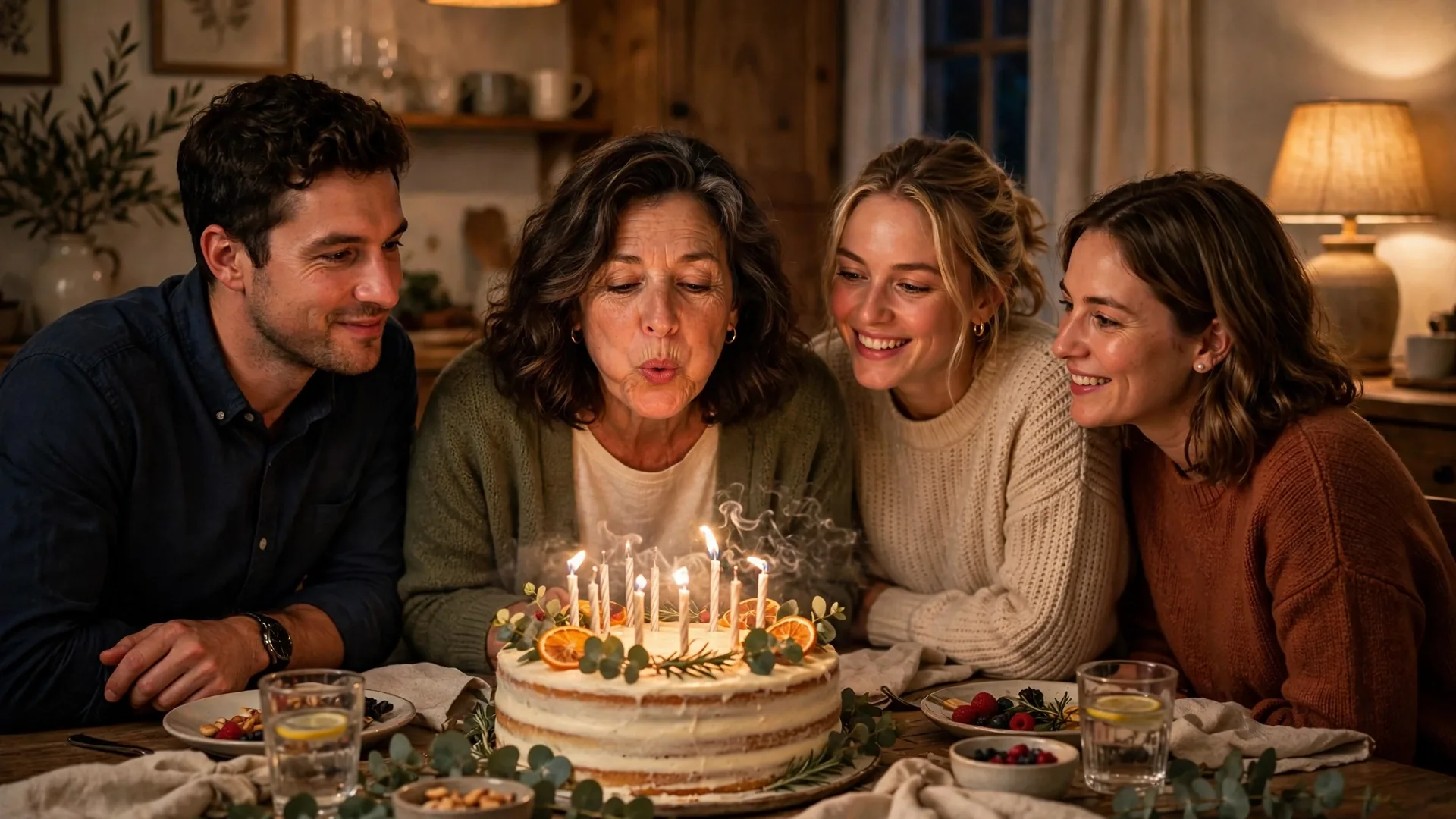 Mother blowing out birthday candles surrounded by her adult children in a warmly lit dining room