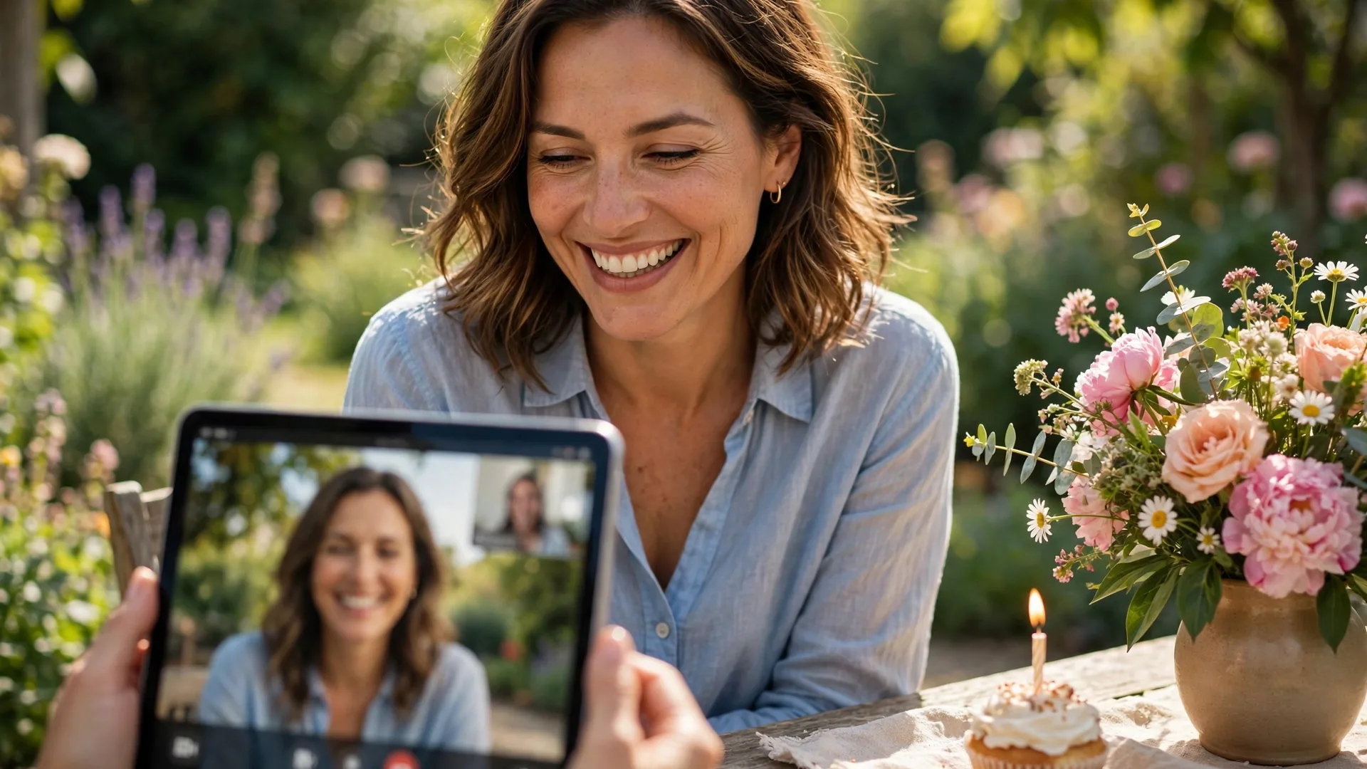 Mother smiling during a video call on a tablet in a sunny garden with birthday flowers and a cupcake