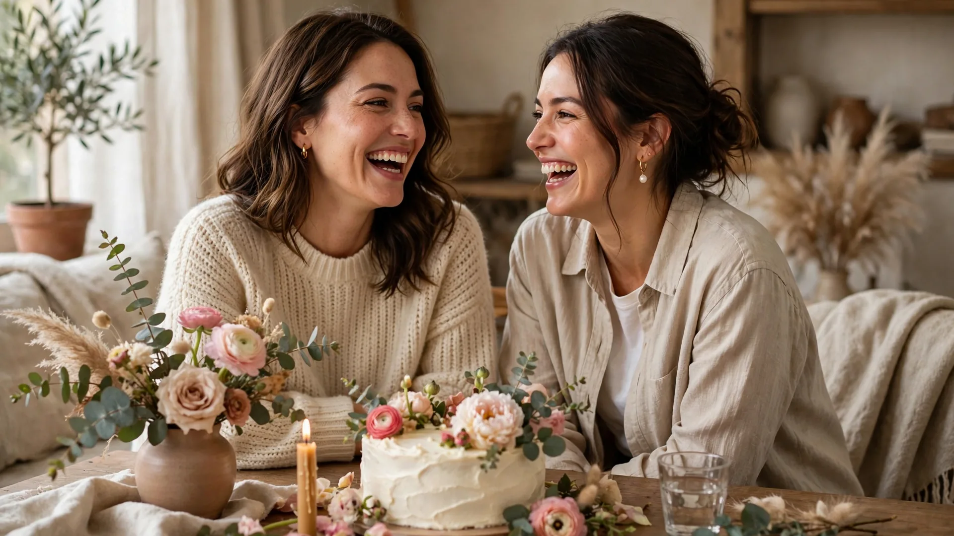Two sisters laughing in a cozy living room beside a birthday cake with fresh flowers