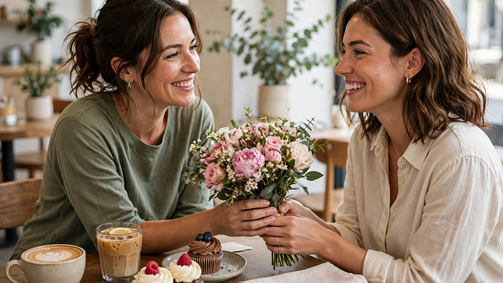 Woman receiving flowers while sharing birthday wishes for sister with her sibling at a cafe table