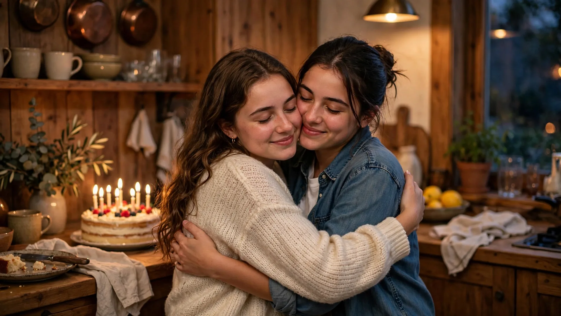 Two sisters hugging in a warm evening kitchen with a birthday cake glowing behind them