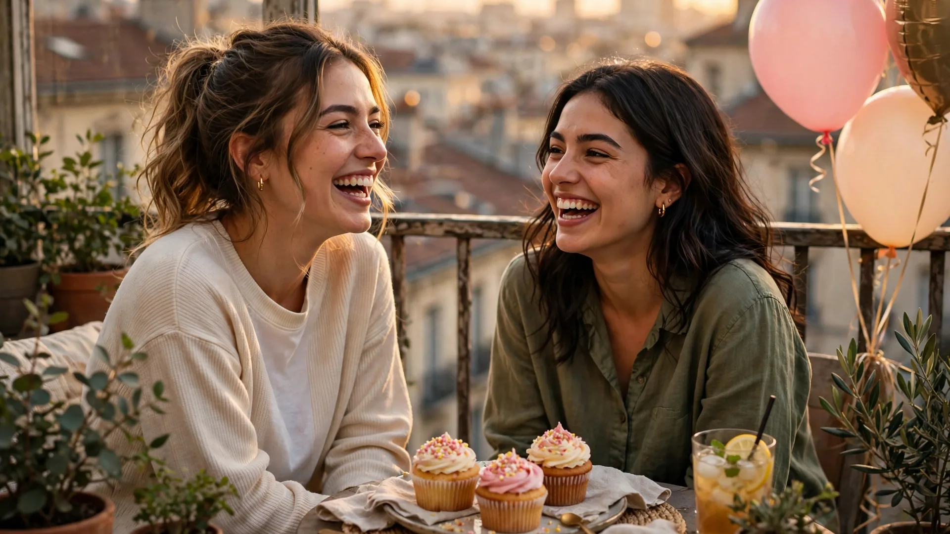 Two sisters laughing on a sunny balcony with cupcakes and pink balloons at golden hour