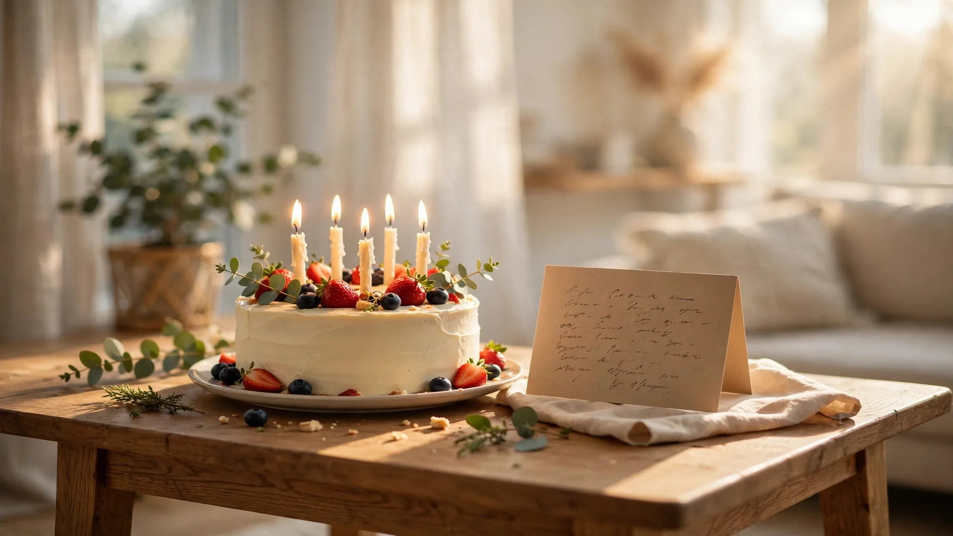 Birthday cake with lit candles and strawberries next to a handwritten card on a wooden table