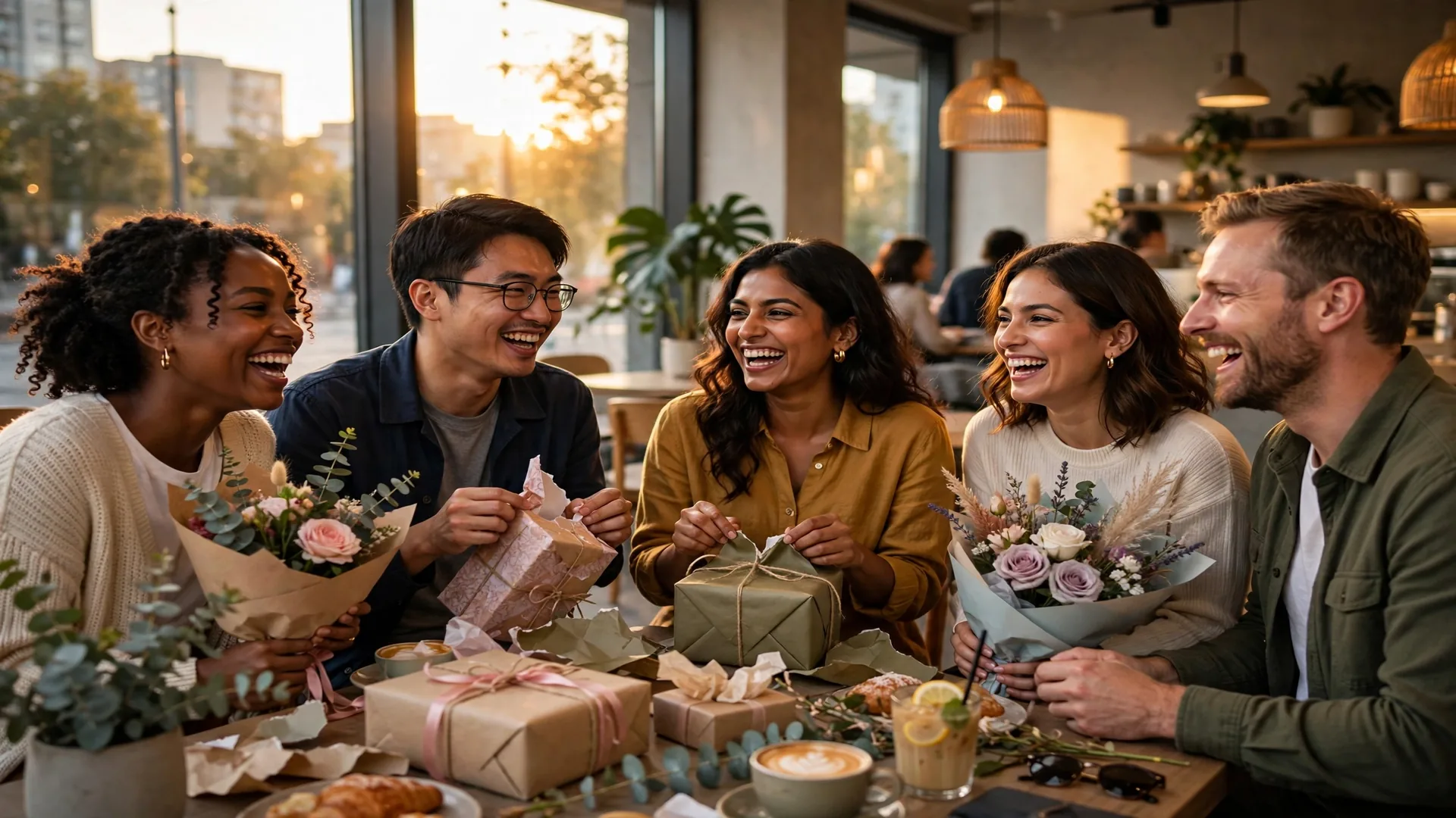 Friends laughing while sharing happy birthday wishes and opening gifts together at a cafe table