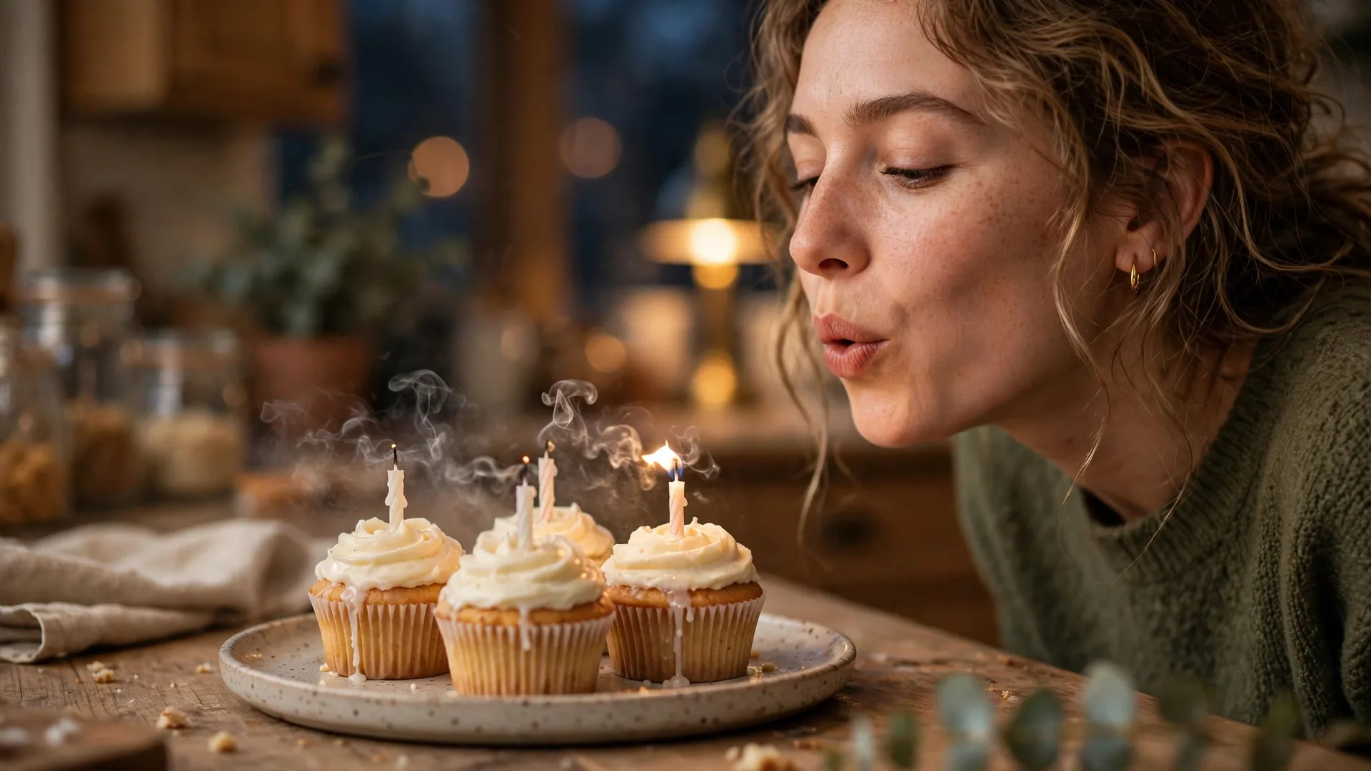 Woman blowing out candles on frosted cupcakes in a warm evening kitchen