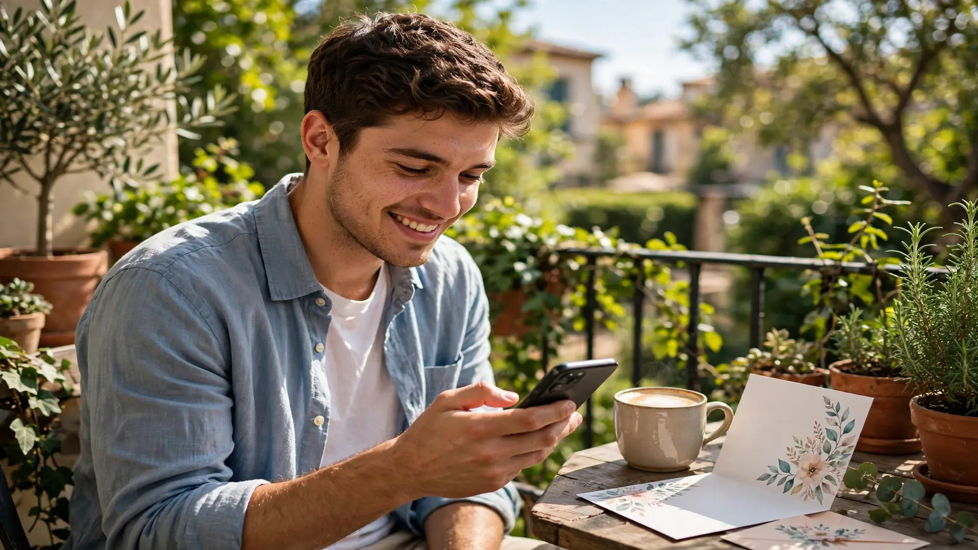 Smiling man typing a birthday message on his phone at a sunny garden balcony table
